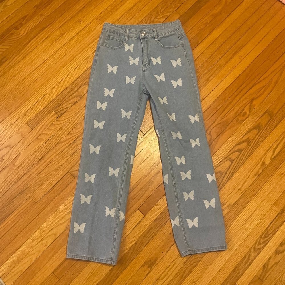 Womens SHEIN Butterfly Print Straight Leg Denim Jeans Size Medium